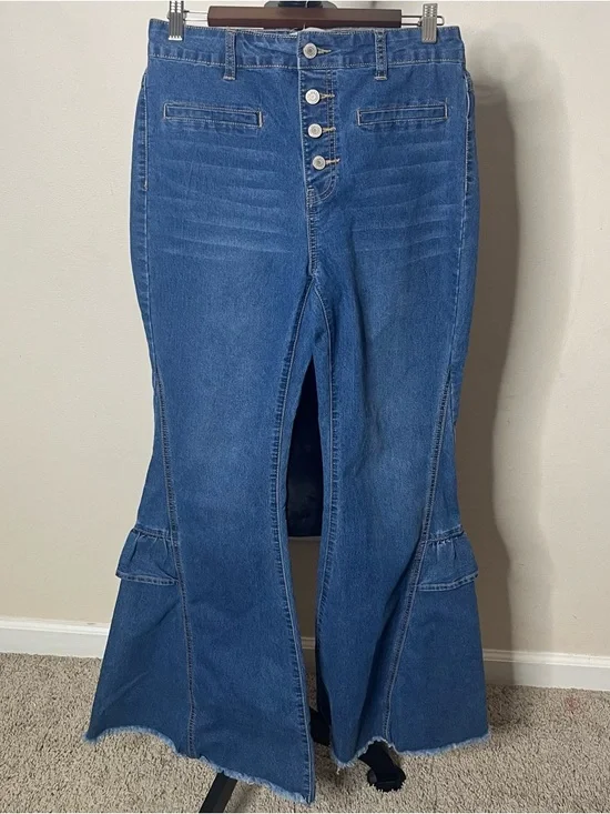 Uniq By Litz Women’s High Rise Button Fly Bell Bottom Ruffle Blue Jeans Sz 29 - Picture 1 of 8